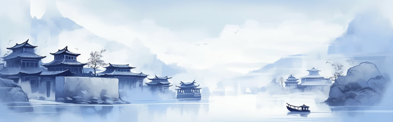 蓝色堤岸鸟飞江面停靠小船中国风背景,插画/手绘图,插画/手绘图库,插画/手绘图下载,插画/手绘